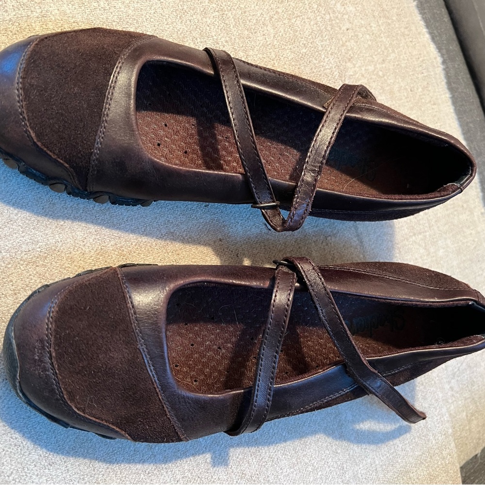 Skechers Mary Jane Biker Flats~Leather Suede Toffee Brown